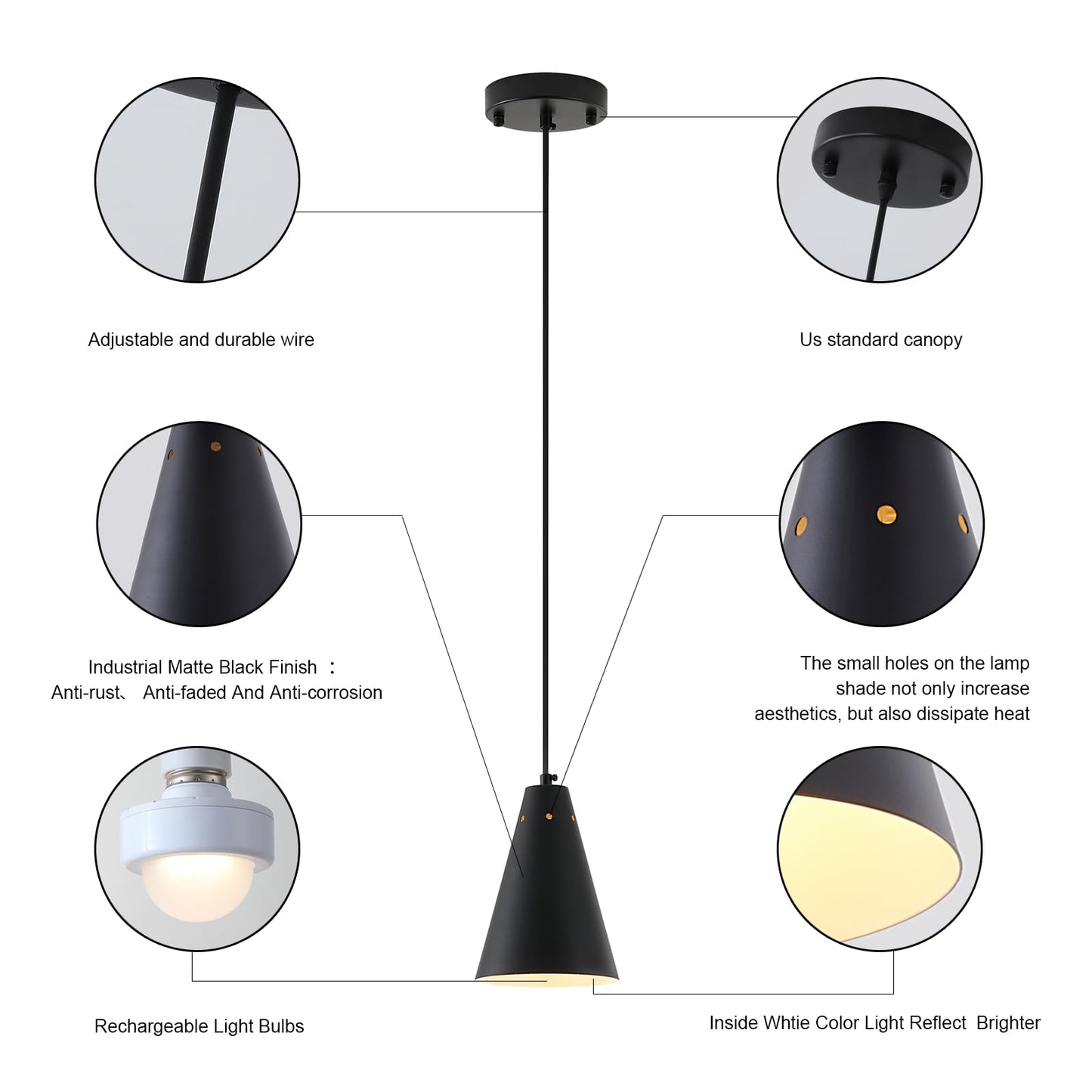 Dijiahua Black Battery Operated Pendant Light 3 Pack With Remote Control Wireless Rechargeable Mini Chandeliers With Metal Shade  Modern Dimmable 12 Grb Color Temperatures Cord Hanging Lighting