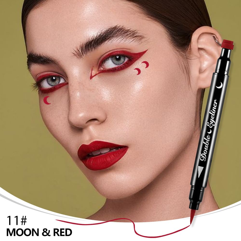 evpct 1Pcs 2-in-1 Red Colored Winged Eyeliners Stamp, Red Moon Face Stamps Makeup, Waterproof Eyeliner Eye Stamp Liners Tool Set