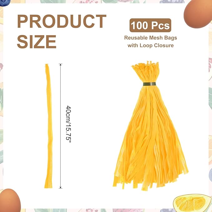 uxcell 100Pcs Reusable Produce Mesh Bags, 40cm Mesh Nylon Netting with Loop-Style Closures, Stretchable Egg Hatching Bags for Fruit Vegetable Storage, Yellow
