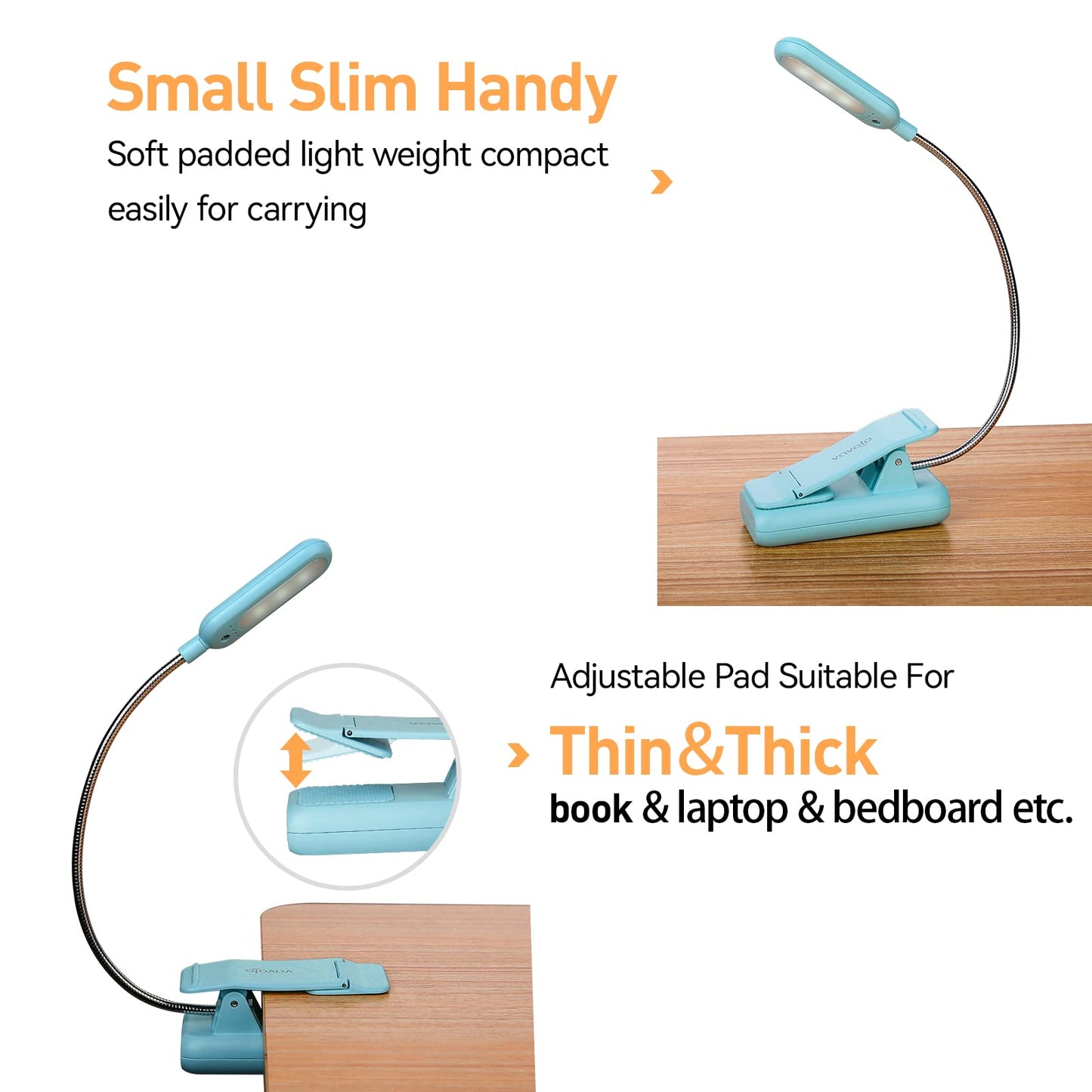 VAVOFO Rechargeable Book Light, Amber 1600K, 7 LEDs, Clip-On, 1-Pack Mint Blue, Model KM-6720A