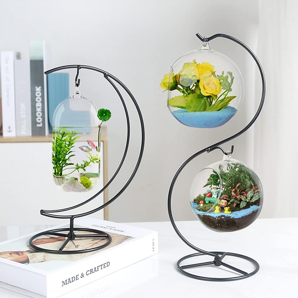 Hanging Stand Iron S-Shape Display Stand for Planter Terrarium Witch Ball Christmas Ornament (Black, 3 Levels)
