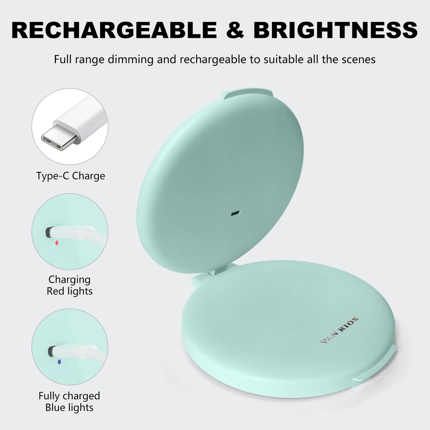 VANRIOS 6.3 Inch Rechargeable Folding 10x Magnification Double Sided Makeup Mirror with Lights, Portable Travel Mirror for Women