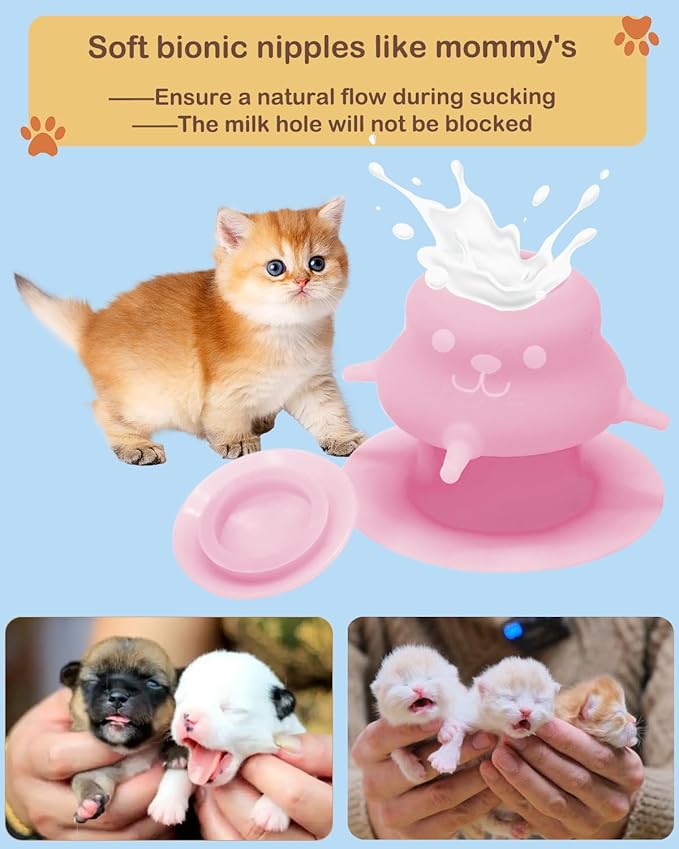 230ML Puppy Bottles for Nursing Puppy Milk - Premium Silicone Nursing Station with 4 Nipples - Dog Feeder for Multiple Newborn Puppies, Rabbits, Kittens Bottle Feeding Kit (Pink)