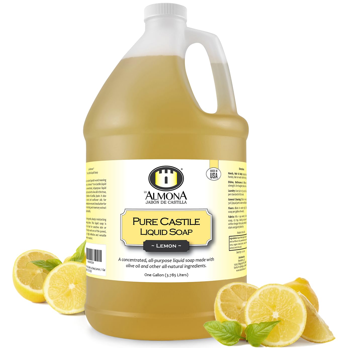 La Almona - Pure Castile Liquid Soap, LEMON, 1 Gallon - Multipurpose: Hands, Face, Body, Laundry, Dishes & More - For Sensitive