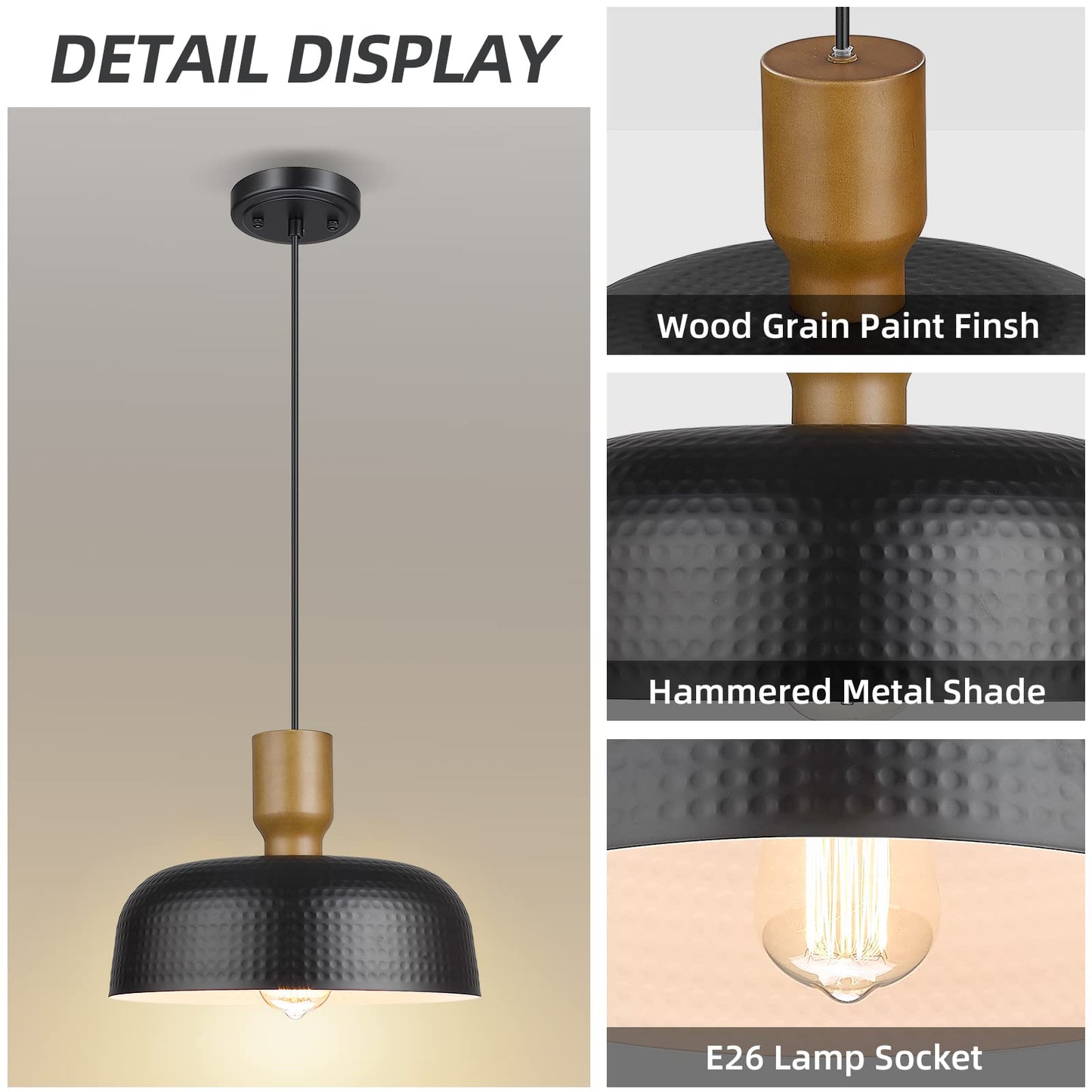 Darkaway Industrial Pendant Light Fixtures Ceiling Hanging With Hammered Metal Shade  Black Pendant Light For Kitchen Island Lighting Hanging Lamp Adjustable Height  Medium 2 Pack