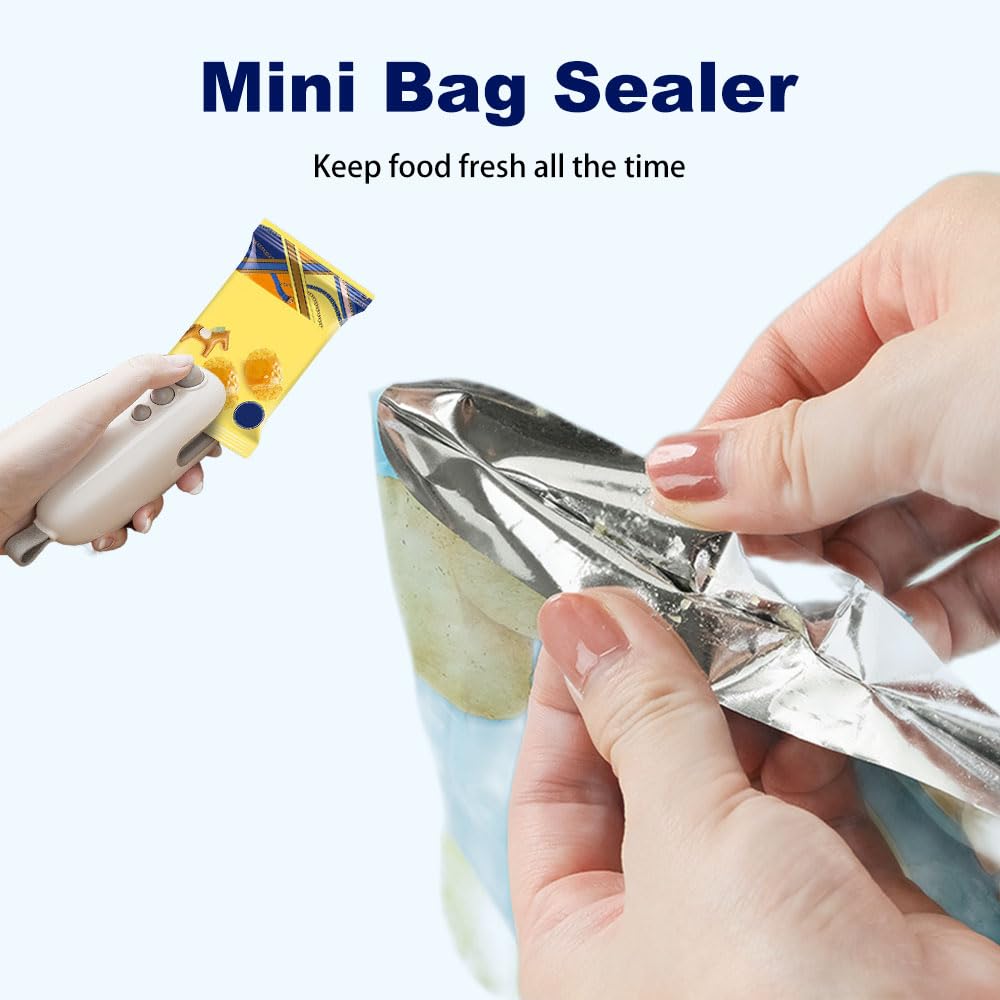 Mini Bag Sealer, 2025 Upgraded 2 in 1 Sealer with Cutter and Magnet, USB Rechargeable Chip Bag Heat Seal, Portable Handheld Resealer Machine for Plastic Bags Snack Bags Food Storage (1, White)