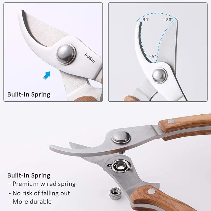 BUGUI Wood Handle Pruning Shears, SK-5 Steel Blade, 1-inch Cutting Capacity, Sharp, Well Designed Garden Shears, 8"