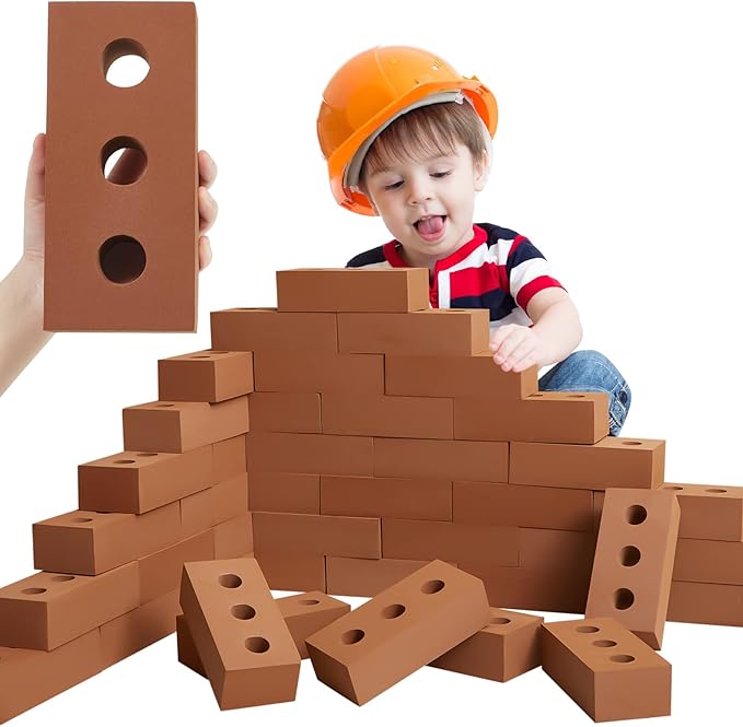 Deekin 30 Pcs Foam Brick Building Blocks for Kids Thick Blocks Foam Large Fake Brick Construction Toy for Stacking Construction, 8 x 4 x 2.4 in (Circle Holes)
