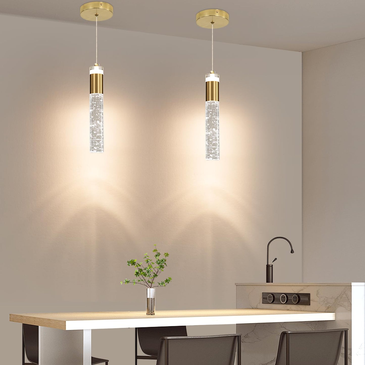 2 Pack Modern Kitchen Island Pendant Lights  Gold Bubble Crystal Ceiling Hanging Light  3 Color 2700K/4500K/6500K  Mini Linear Led Chandelier Lighting For Dining Room  Bedroom  Bar  Hallway  Bedside