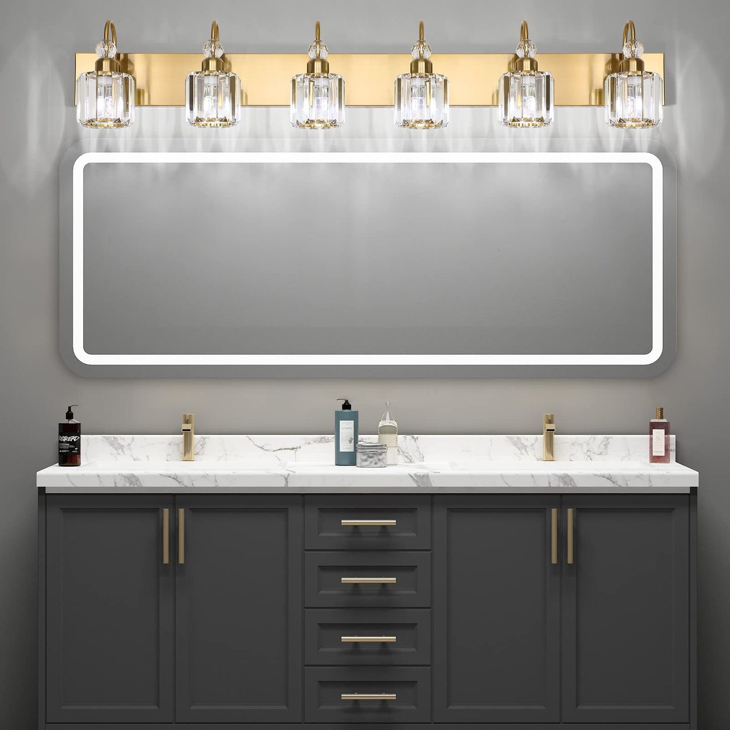 Ralbay 6-Light Gold Crystal Vanity Lights - Modern Brass Wall Fixtures For Bathroom, Model 8600, Elegant Round Design