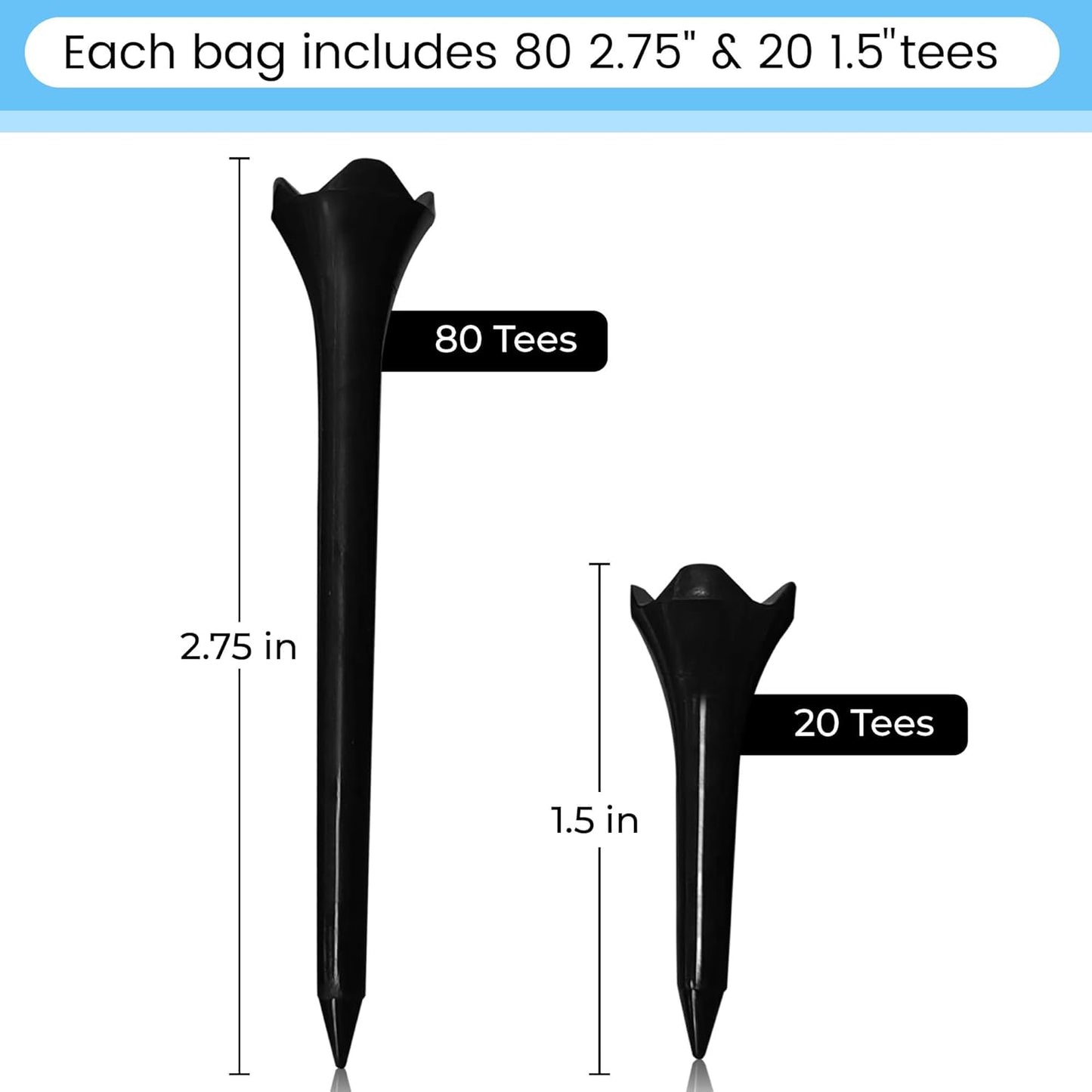 Premium Plastic Golf Tees - Black- 2.75 & 1.5 Inch Plastic Combo Pack