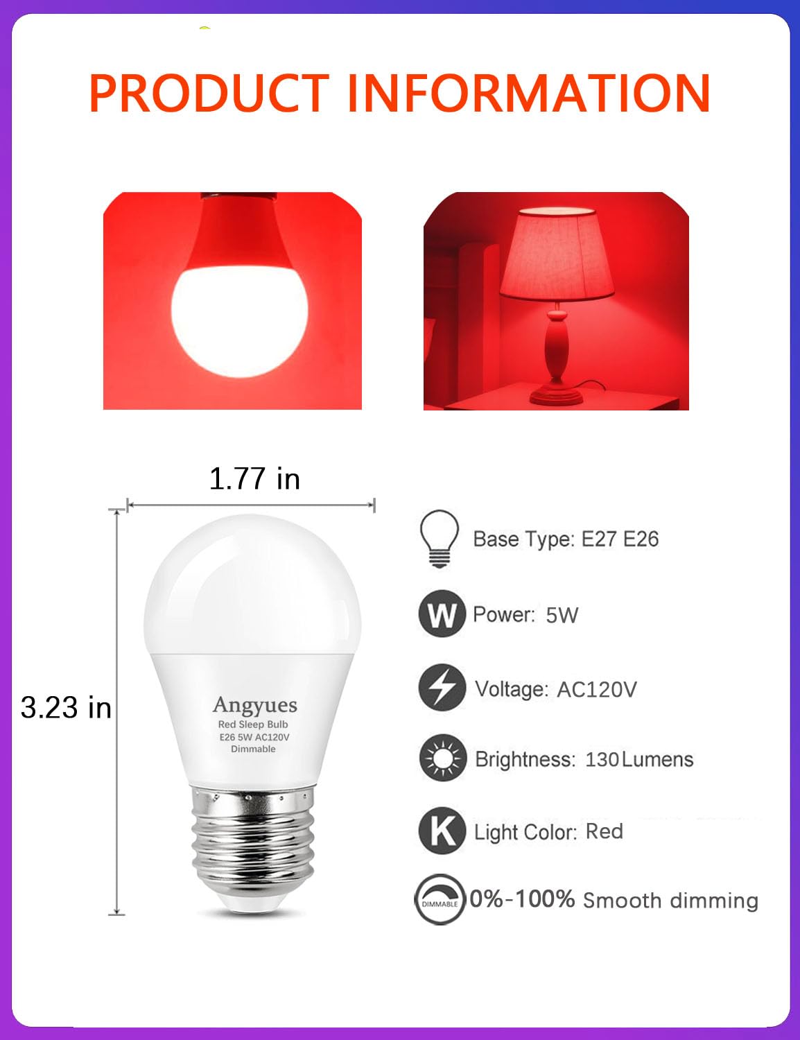 Angyues 630nm Red Sleep Bulb Dimmable, 100% Blue Light Blocking, Promotes Melatonin Production, E26 A15 LED 5W Red Dim Night Light for Baby's Bedroom, Sleeping, 4Pack