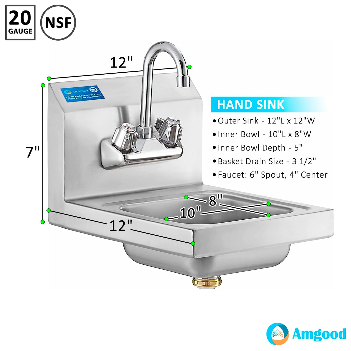 AmGood Stainless Steel Wall Mount Hand Sink 12" x 12" | NSF Commercial Hand Washing Basin with Faucet For Restaurant, Kitchen and Home | Bowl Size: 8" x 10"