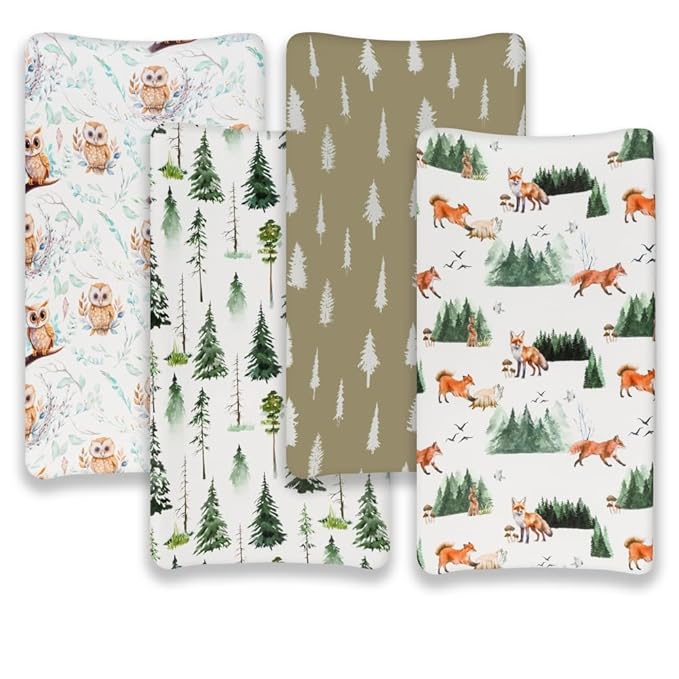 4 Pack Changing Pad Covers Woodland Forest Animals Wood Neutral Unisex Fitted Baby Changing Pad Cover Set for Baby Boys or Girls (Paint Fox)
