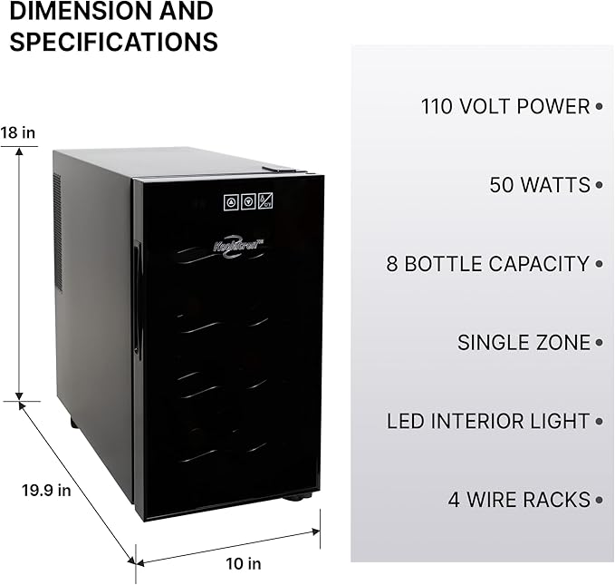 Koolatron 8 Bottle Wine Fridge – Freestanding Wine Cooler with Glass Door, 0.8 cu. ft (23 L), Beverage Can Refrigerator, Digital Temperature Control, Ideal for White, Red & Sparkling Wine, Champagne