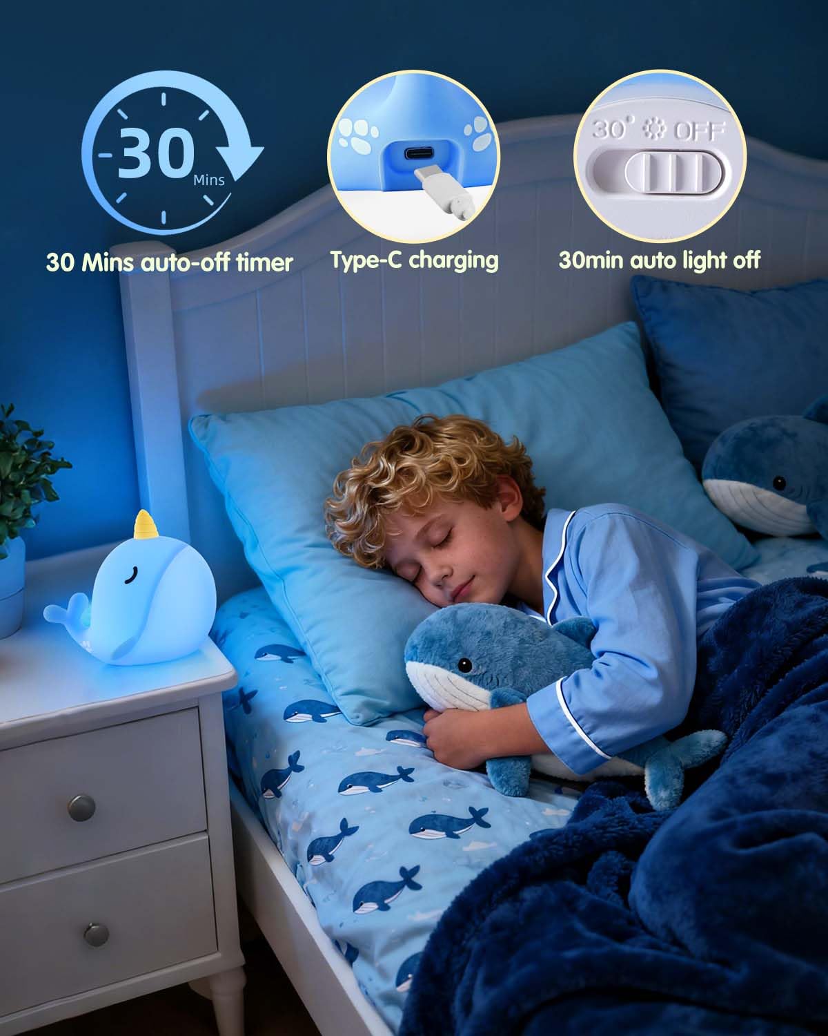 Fuloon Narwhal Night Light With Whale Shape  Squishy Silicone Kids Lamp  Safe & Soothing Touch Control For Kids And Babies  Usb-C Rechargeable  30-Min Auto Timer  Gift Idea (Blue)