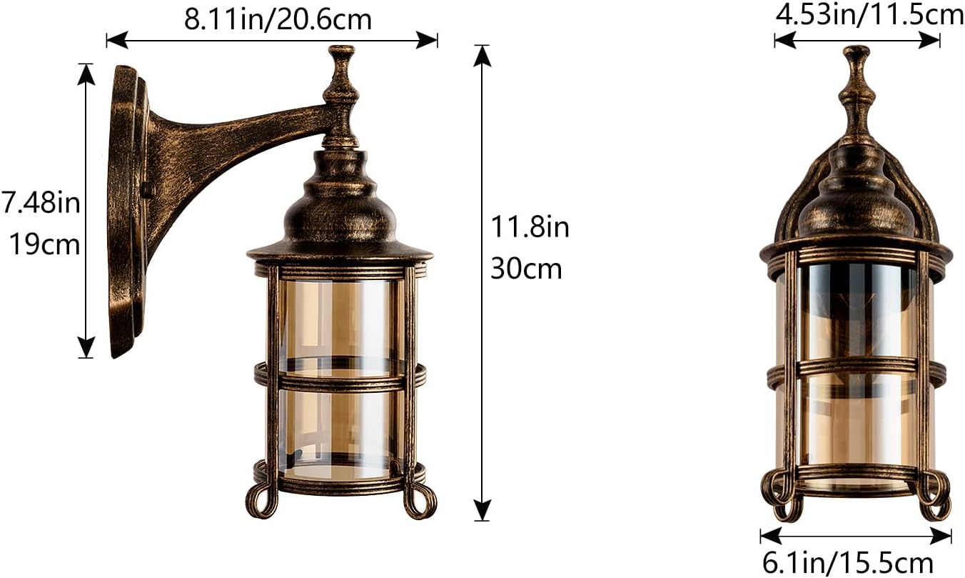 Rustic Amber Glass Wall Sconce 2-Pack, Bronze Brushed, Industrial Farmhouse Lamp Porch Lighting Waterproof Retro Lamp for Indoor Bedroom Living Room Outdoor（NO Bulb）