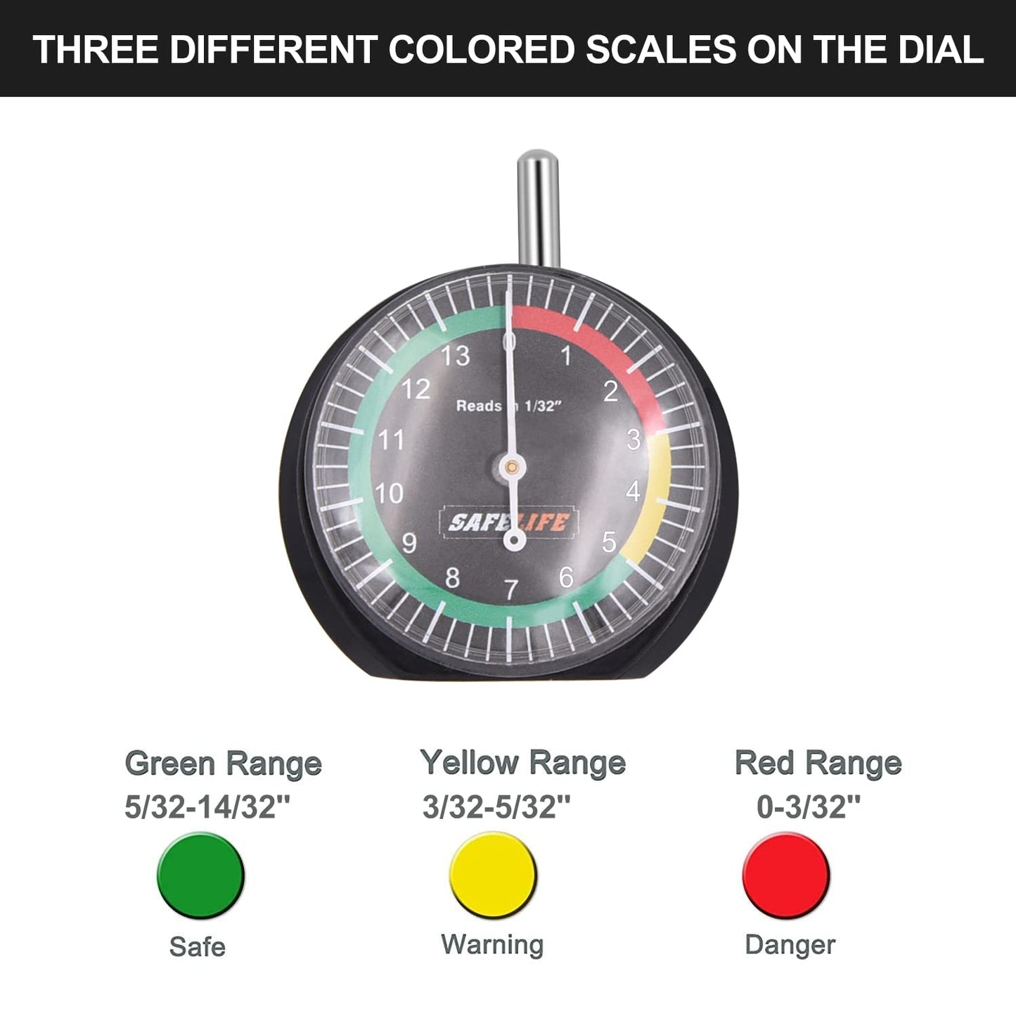 SAFELIFE Tire Tread Depth Gauge, Dial Type Tire Tread Depth Gauge Professional for Motorcycle, Car,Truck and Bus,Easy Reading Tyre Tread Depth Gauge in 32nds