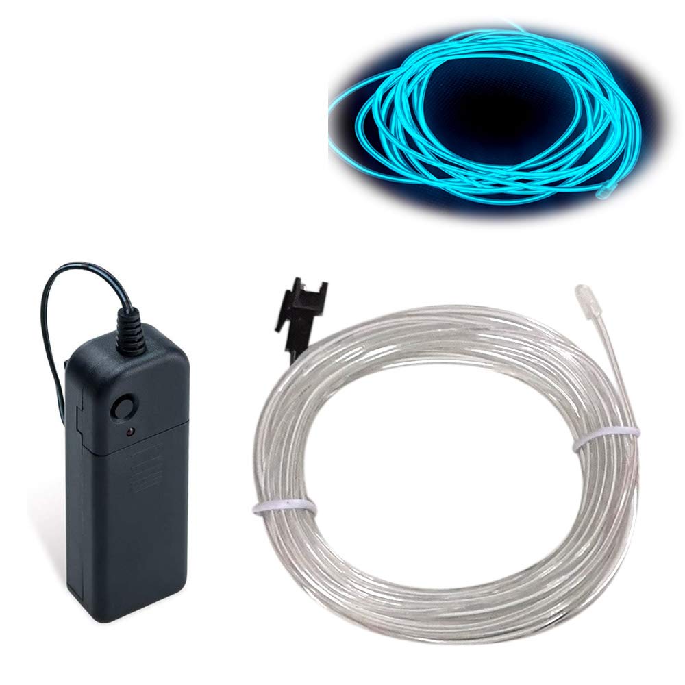 MaxLax EL Wire Neon Lights Strip, 5m Ice Blue, Portable Battery Pack, 360° Cuttable for Parties & DIY Decoration