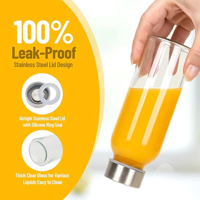 10 oz Clear Glass Bottle with Lid, Reusable Glass Water Bottles with Stainless Steel Cap & Straws for Juicing, Milk, Ginger & Smoothies, Refrigerator, Leak-Proof, Juice Containers Set of 6