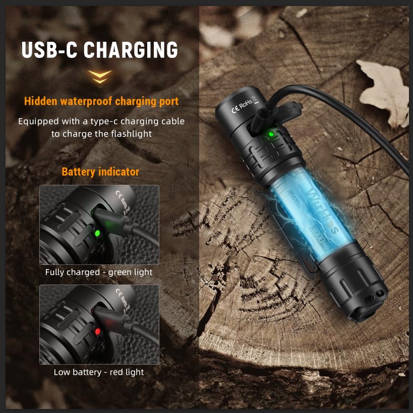 Wurkkos TD02 Tactical Flashlight, 2000 Lumens, Rechargeable, Aluminum, Black, EDC, Type C Charging, Model TD02-Black