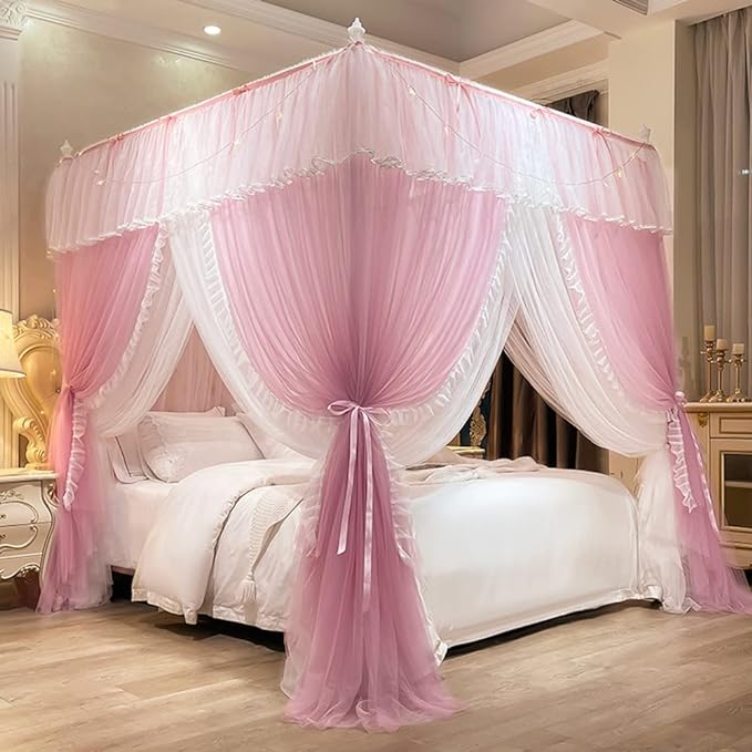 Mengersi Canopy Bed Curtains with Lights,4 Corner Bed Canopy Royal Luxurious Bed Drapes Netting,Princess Bed Curtains for Girls Adults Bedroom Decoration (Pink, Queen)