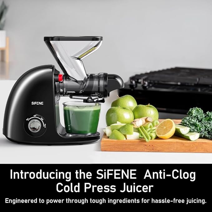 Slow Masticating Cold Press Juicer Machine - Dual Mouth, Quiet Motor, Anti-Clog, Black