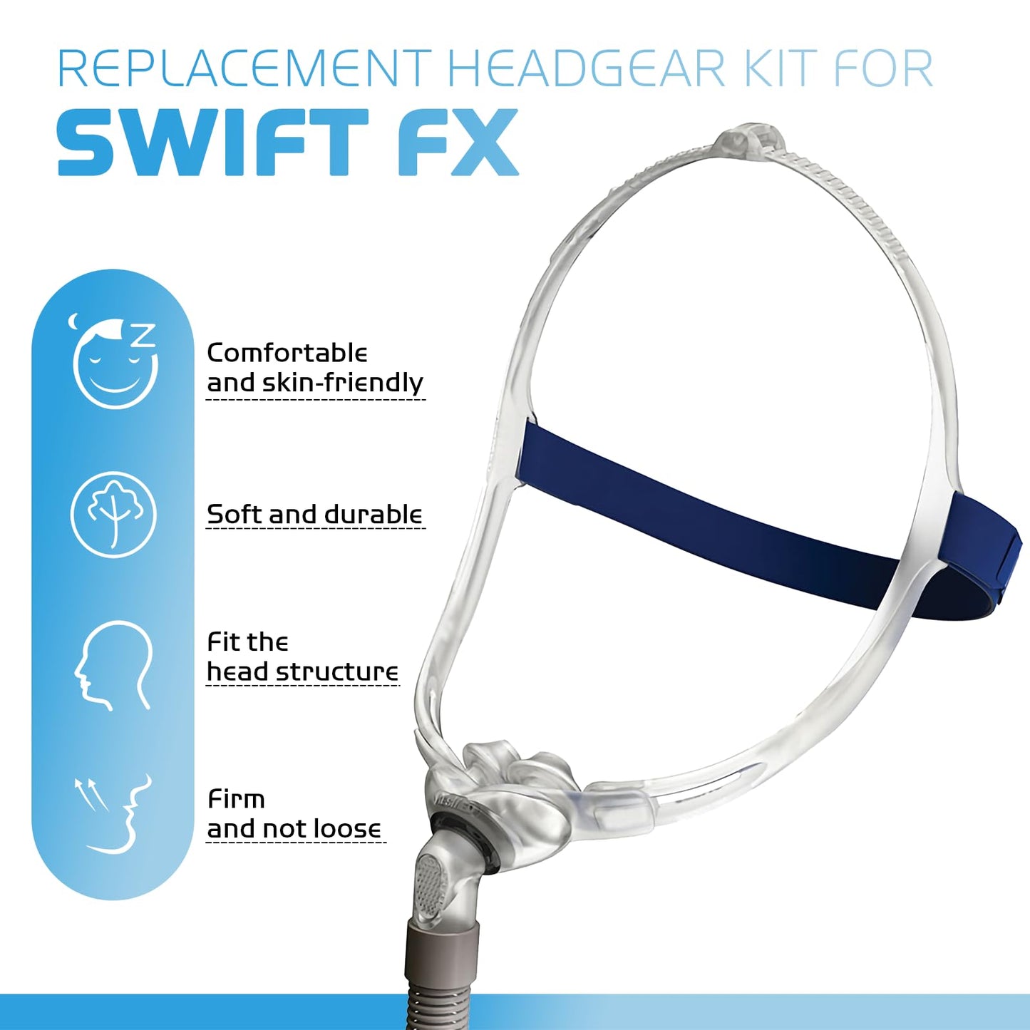 Headgear with Frame Replacement for ResMed Swift FX Nasal Pillows Mask, Comfortable CPAP Mask Head Strap Including Adjustable Silicone Frame & Back Headgear & 2 Strap Wraps