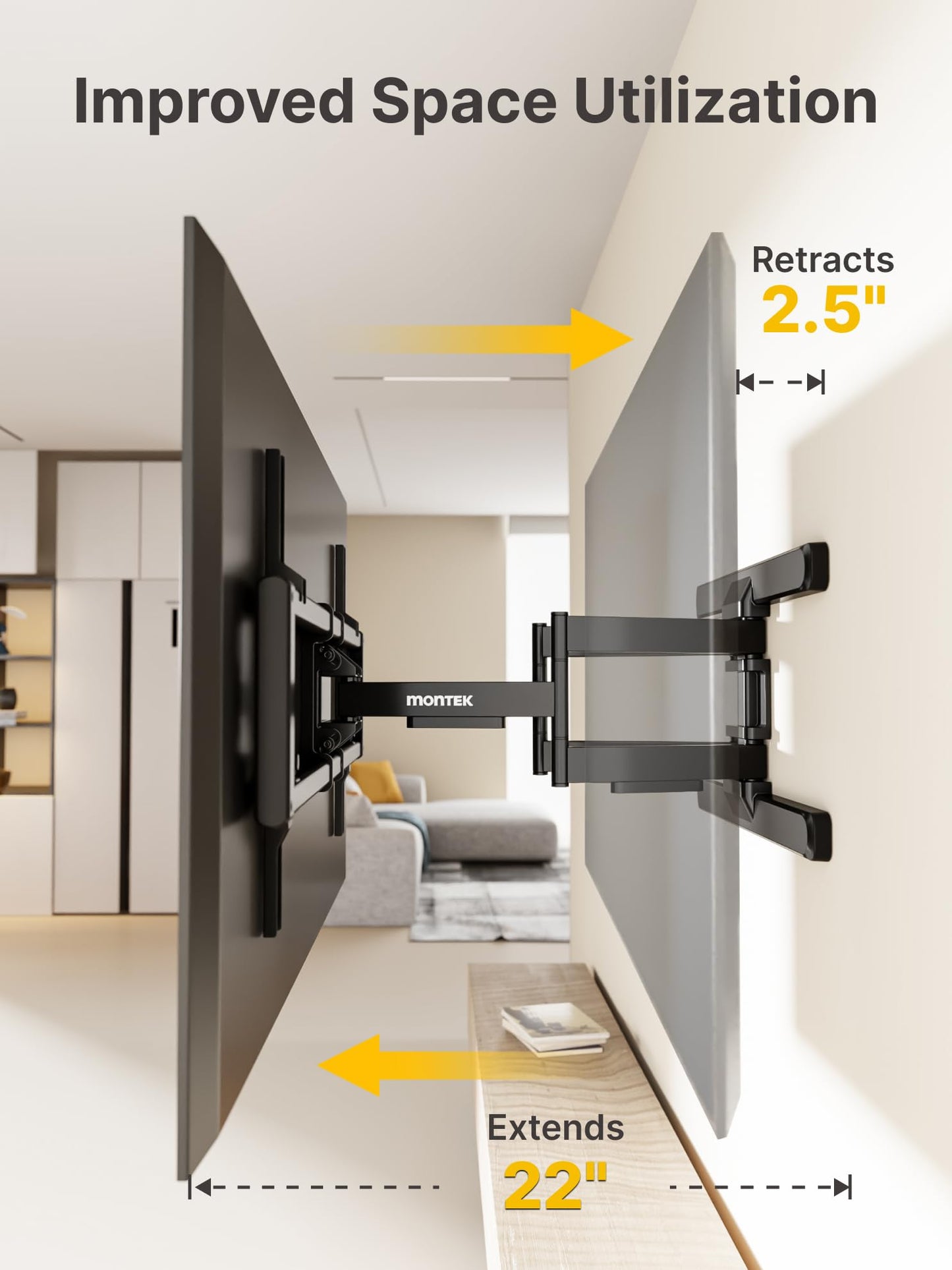 monTEK Full Motion TV Wall Mount for 43–95 Inch TVs, Pre-Assembled TV Mount with Tool-Free Tilt, Swivel, Extension, Max VESA 800 x 400mm and 132 lbs, 16″/18″ Wood Studs