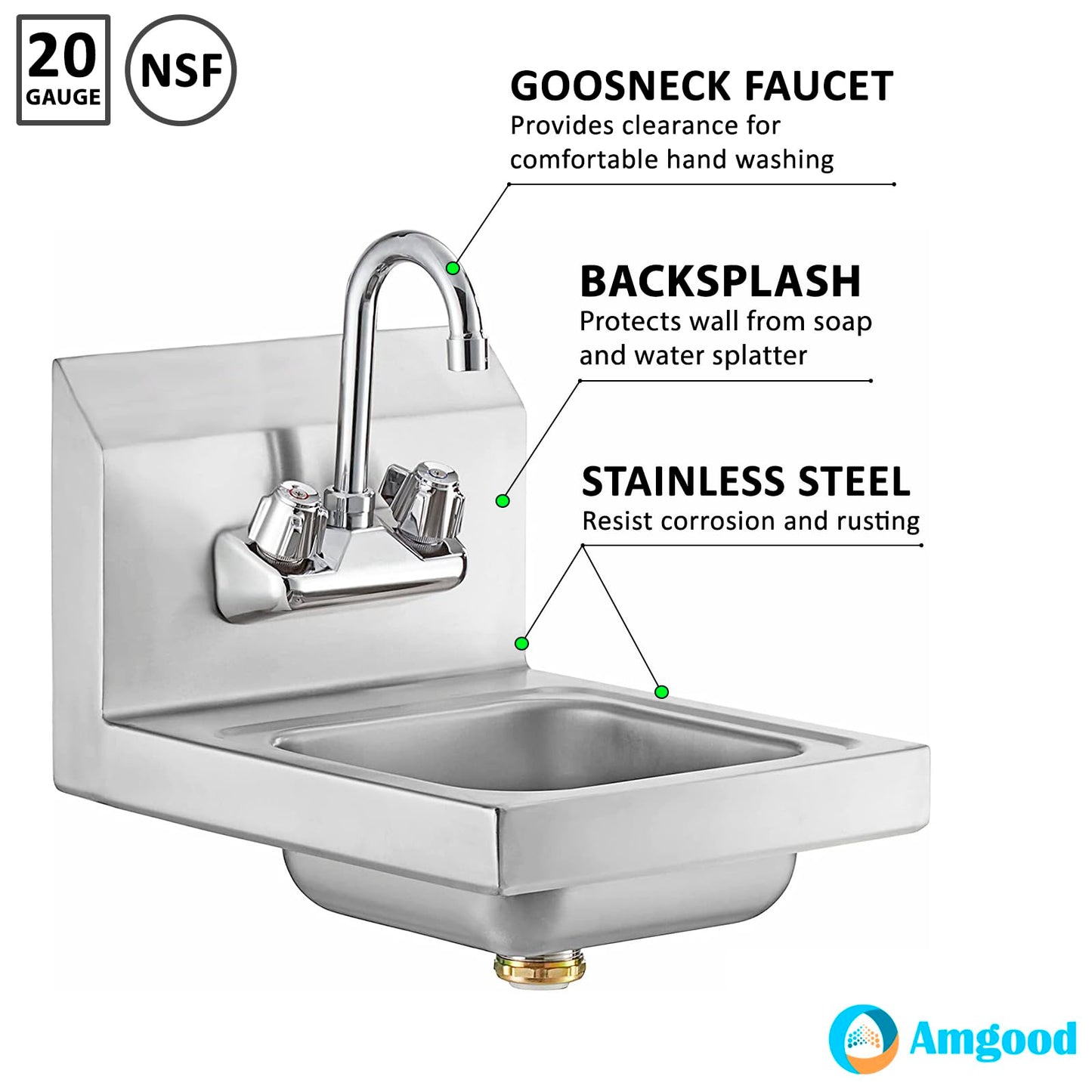 AmGood Stainless Steel Wall Mount Hand Sink 12" x 12" | NSF Commercial Hand Washing Basin with Faucet For Restaurant, Kitchen and Home | Bowl Size: 8" x 10"