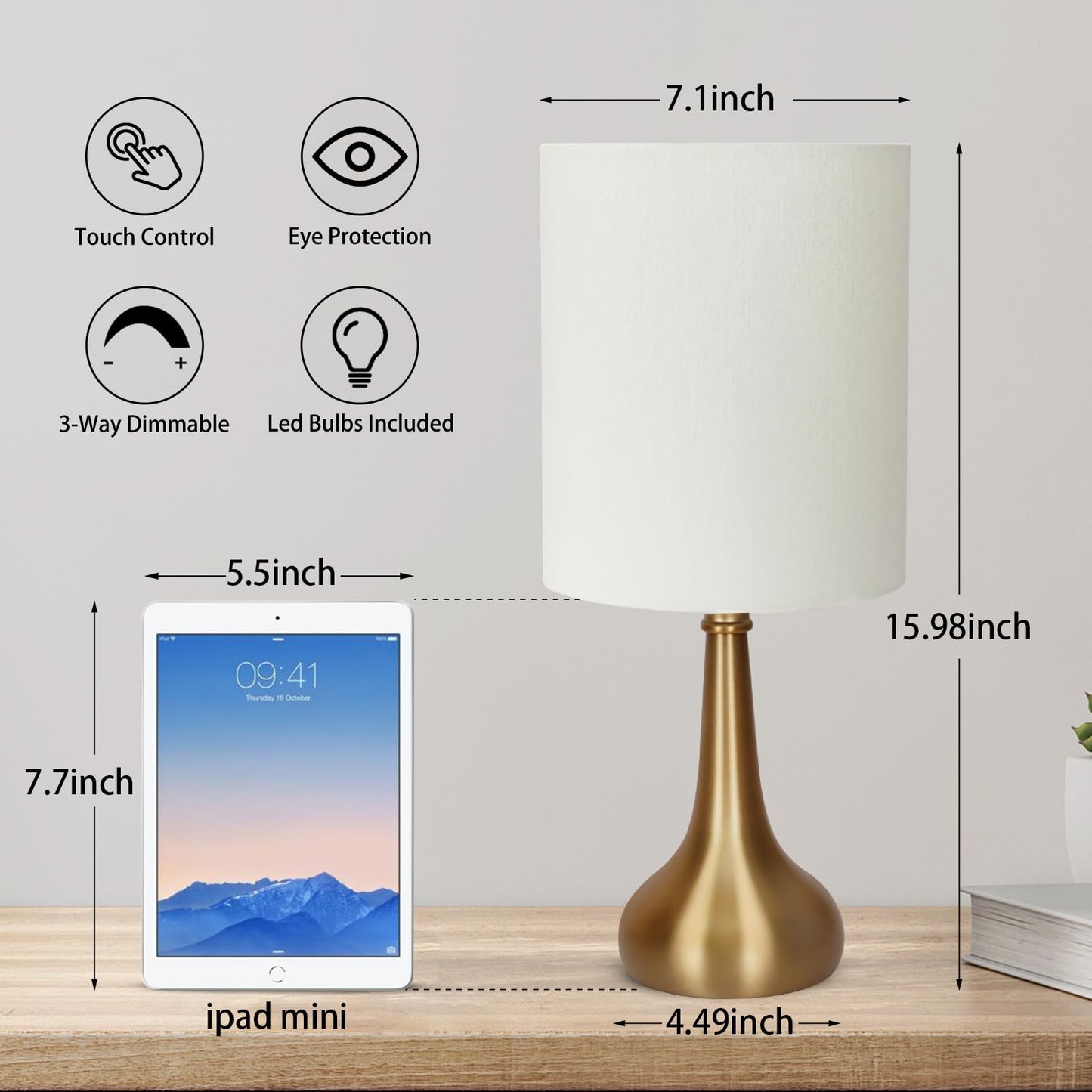 Boncoo Set of 2 Touch Table Lamps, 3-Way Dimmable, Brass Metal Base, A19 3000K LED Bulb Included, Nightstand Lamp for Bedroom and Office