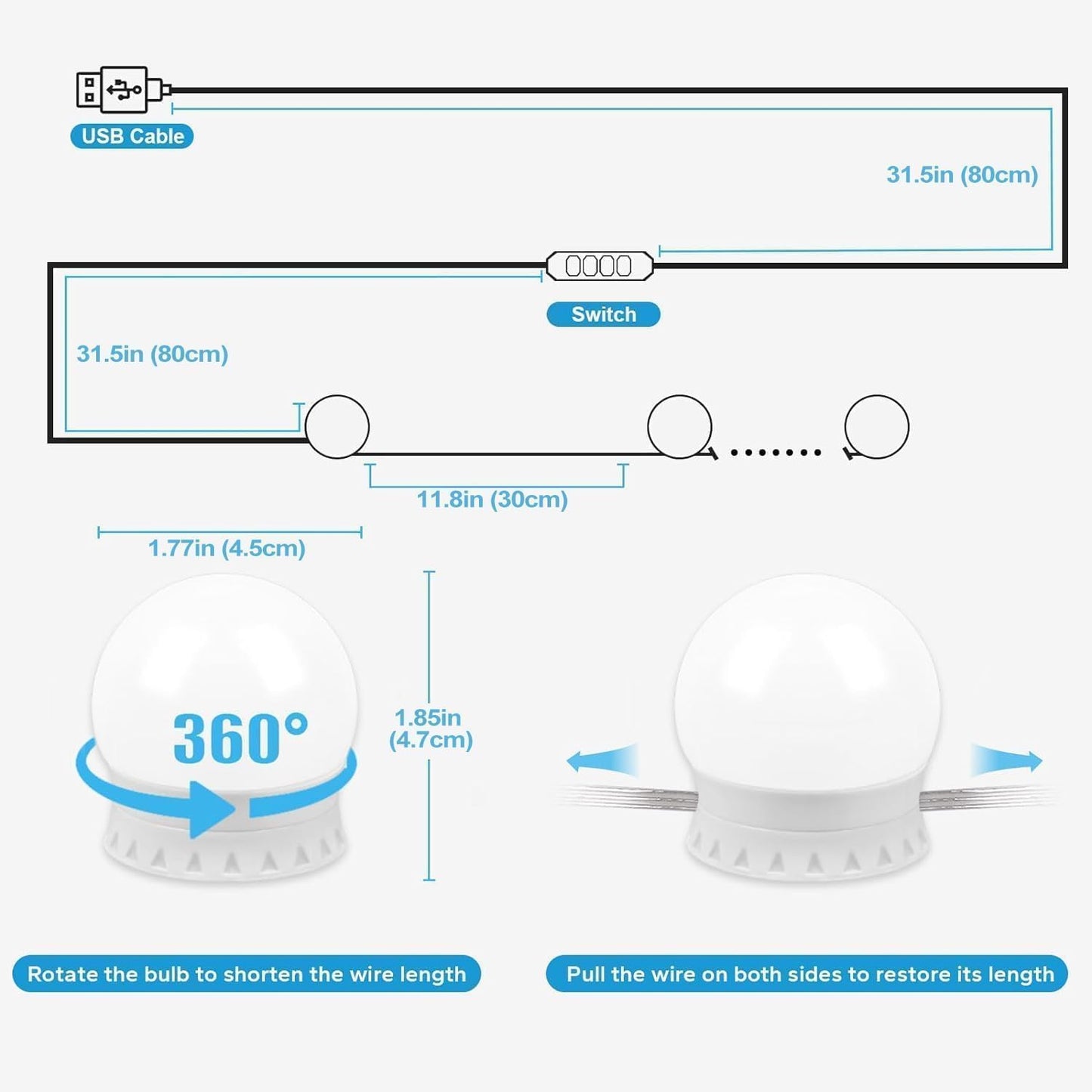 Pretmess Hollywood Style Vanity Lights - 10 Dimmable Bulbs, Adjustable Brightness, Usb Powered, Multicolor, Led, Plastic