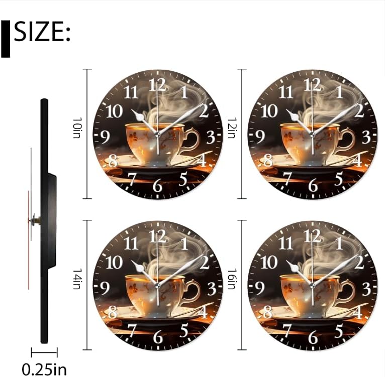 Coffee Wall Clock Non-Ticking Silent Clocks Battery Operated Analog Decor Clock for Home-Steaming Cup of Coffee On The Table(14inch)