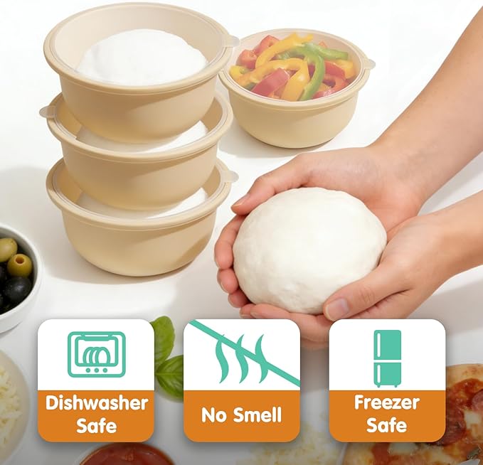 4Pcs Stackable Silicone Pizza Dough Proofing Containers with Lids,Pizza Dough Proofing Box | Make 12" Pizzas 700ml(4Pcs Beige)