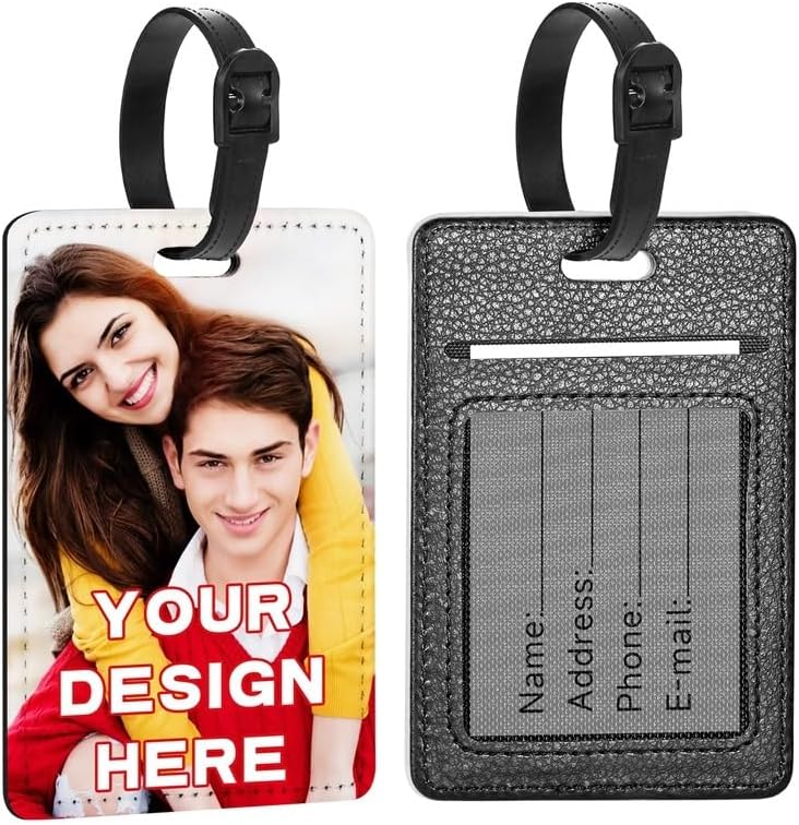4 Packs Personalized Leather Luggage Tags for Suitcase, Custom Golf Bag Tag Travel Labels Name Identifiers with Strap for Women Men Customized Your Own Text Photo Logo