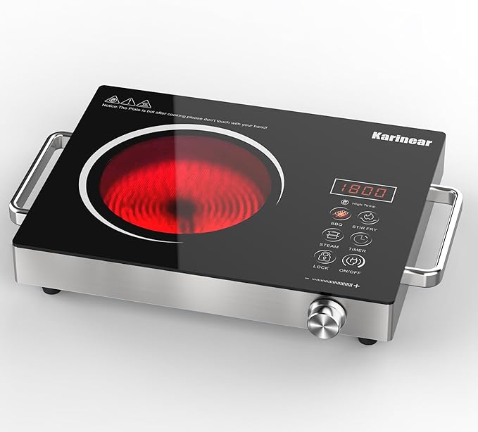 Karinear Portable Electric Stove 110V, 1800W Electric Hot Plate with Handle, Knob Control Single Burner Electri Cooktop, Ceramic Infrared Countertop Burner, Timer, Safety Lock