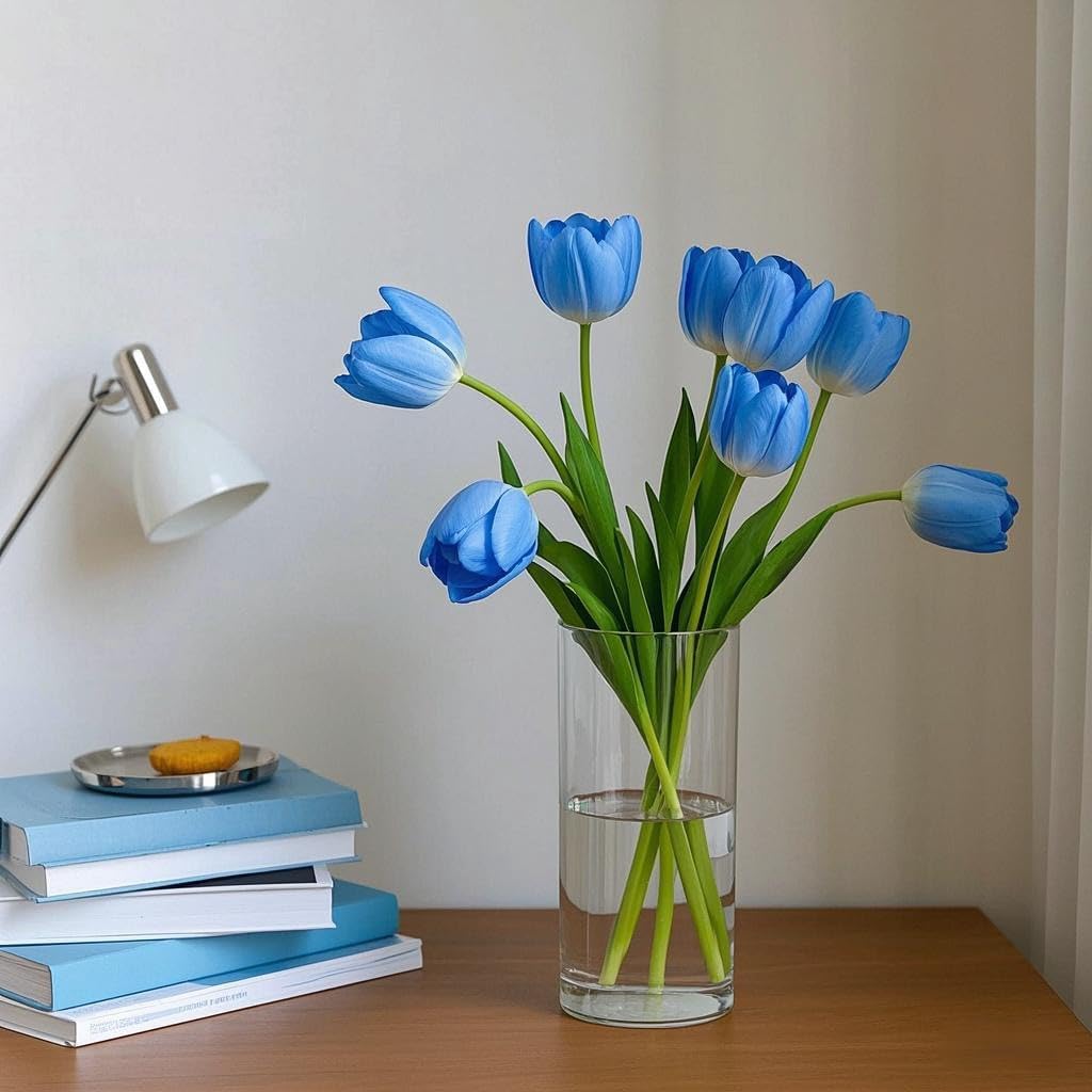 Buart Artificial Tulip in Bulk for Wedding Bridal Bouquet,Fake Flowers for Valentine's Day Mother's Day Easter Table Centerpieces Decorations(Light Blue,Real-Touch,12pcs)