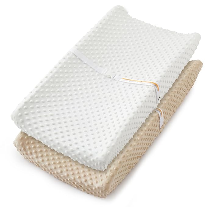Homiest 2 Pack Changing Pad Cover, White + Beige Changing Table Sheets, Ultra Soft Fleece Minky Dot Fabric, Breathable Comfortable Diaper Pad Cover for Girls and Boys, Machine Washable