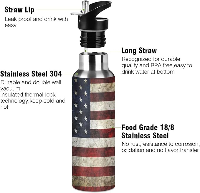Alaza American Flag Patriotic Water Bottle With Straw Lids Boys Girls,Vacuum Insulated Leakproof Stainless-Steel Sports Bottle Thermal Flask For Gym Yoga Camping,34Oz (1000Ml)