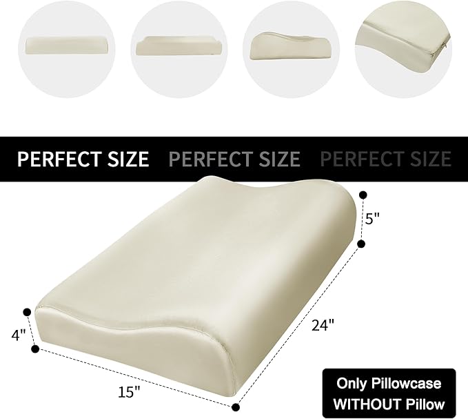 HOMBYS Satin Pillow Case for Contoured Support Pillow (DO NOT Include Pillow) -Zippered Pillow Cover for Neck Pillow for Cervical 1 Pack-Silky, Smooth and Breathable, Queen Size