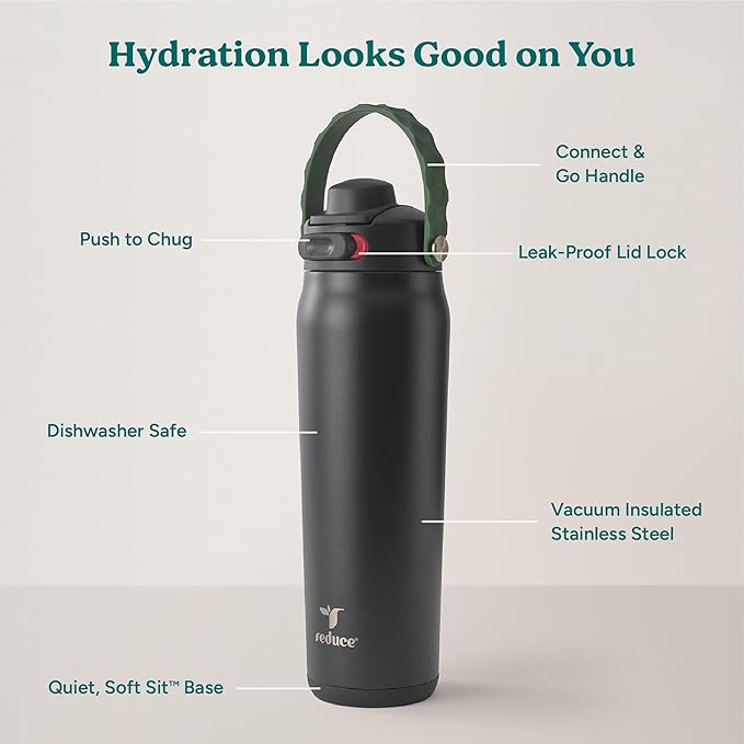 REDUCE Aura Vacuum Insulated 26 oz Water Bottle - Leak-Proof & Chug Spout for Quick Hydration - Keeps Drinks Cold for 30 Hours - Removable Handle for Travel or Gym - Soft Sit Base - Phantom
