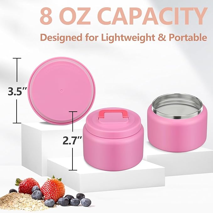 PIQUEBAR 8oz Kids Thermo for Hot Food,Small Lunch Thermos Food Container Stainless Steel,Easy Open Wide Mouth Thermo for Hot Cold Food for Preschool Travel (Pure Pink)
