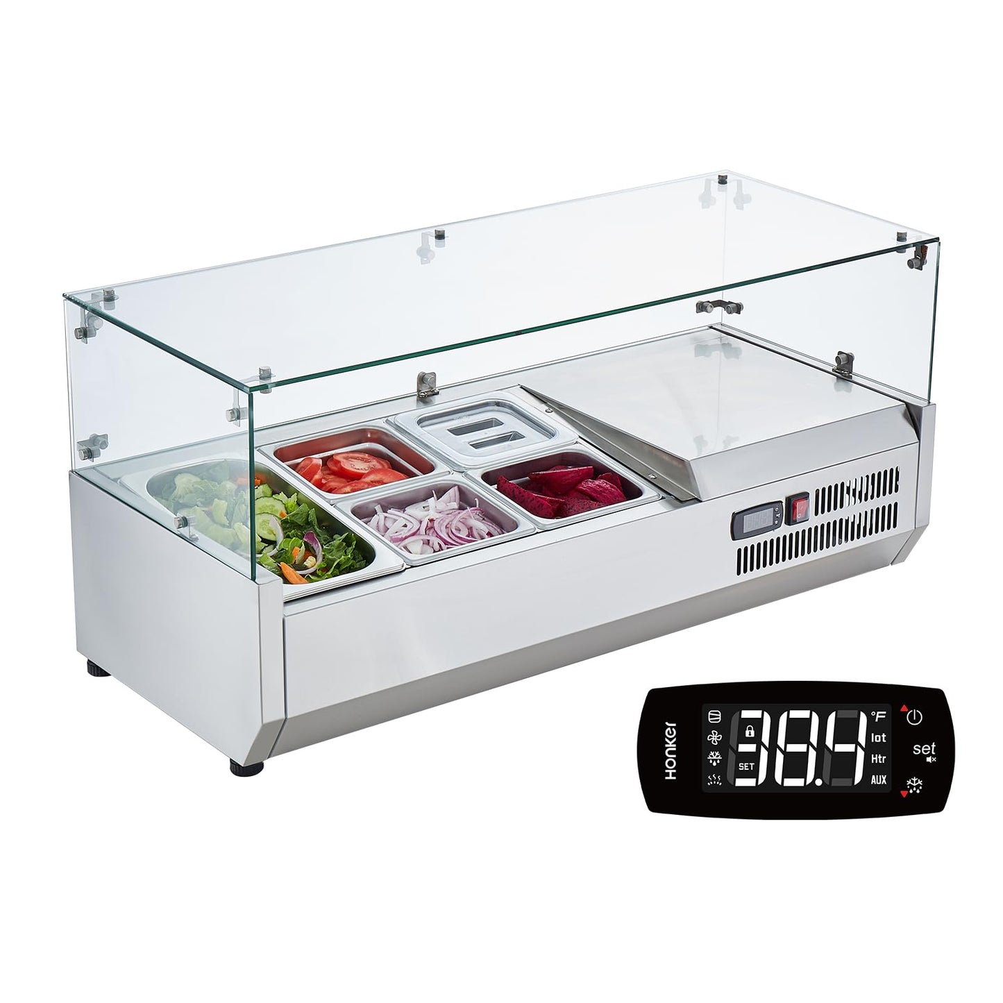 VEVOR Countertop Refrigerated Condiment Station, with 1 1/3 4 1/6 Pans, 304 Stainless Body and PC Lid, Sandwich Prep Table Guard, ETL, Glass 40in, Silver