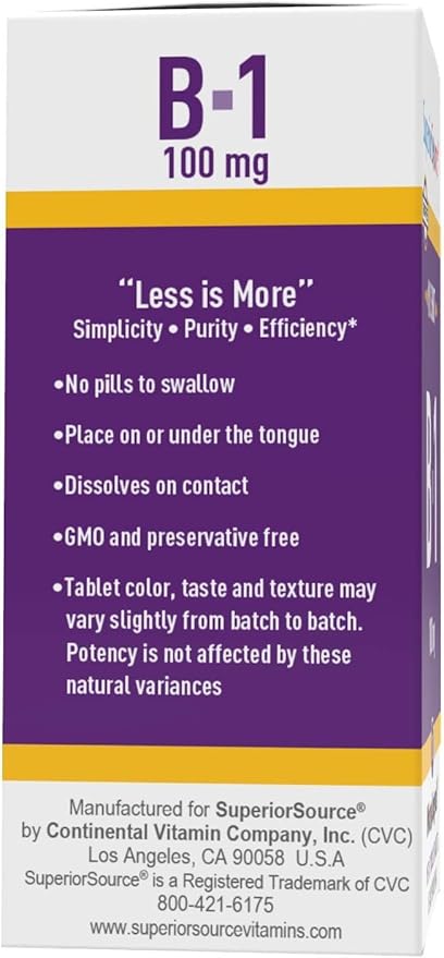 Superior Source B-1 100 mg - Vitamin B Supplement Supports Healthy Energy & Growth - Nervous & Digestive System Support Formula with Thiamin - 100 Sublingual Dissolving Tablets