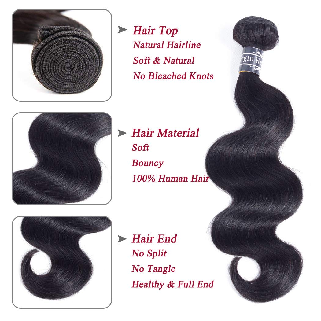 Amella Hair 8A Unprocessed Brazilian Body Wave Bundles with Closure (16 18 20 +16Closure,Natural Black Color) Virgin Brazilian H