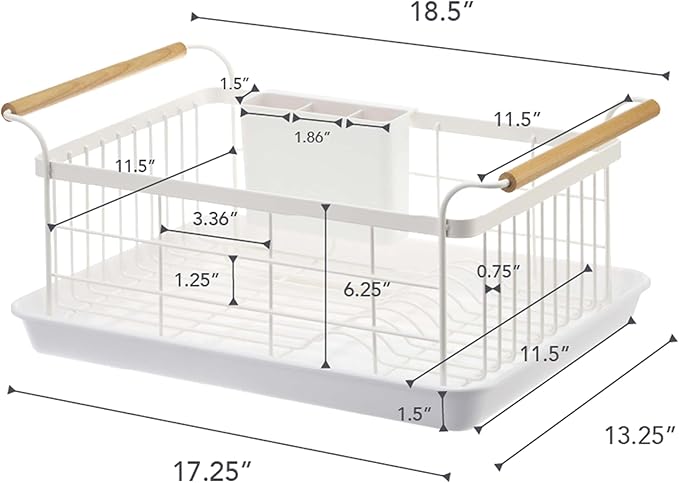 Yamazaki Home Dish Drying Rack – Modern White Dish Rack for Kitchen Counter with Removable Drainer Tray and Cutlery Holder, Steel + Wood Dish Drying Organizer, Small Space-Saving Design