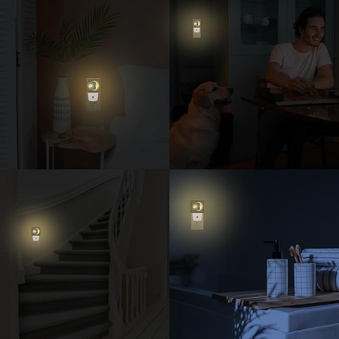 Celestial Moon Sun Night Light Plug into Wall with Dusk to Dawn Light Sensors Boho Chic Stars Night Light LED Lamp for Bedroom Hallway Home Wall Decor Nightlight for Girls Boys Men Women