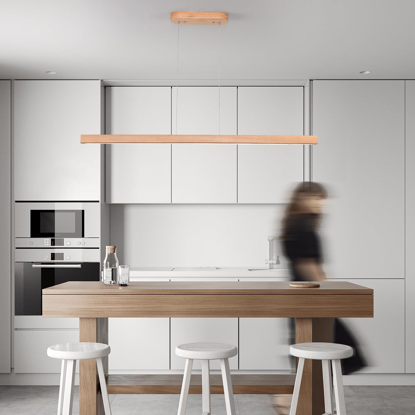 YISDESIGN 39in Wood Linear Pendant Light LED Dimmable Chandelier with Remote Control Natural Finish Model 2024-03