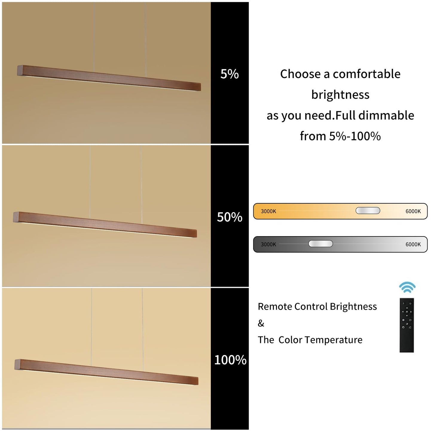 31.5 Wood Linear Pendant Light - Dimmable Led Chandelier With Remote  Adjustable Modern Farmhouse Lighting For Kitchen Islands  Dining Rooms & Bars Walnut Color (19W Energy-Efficient)
