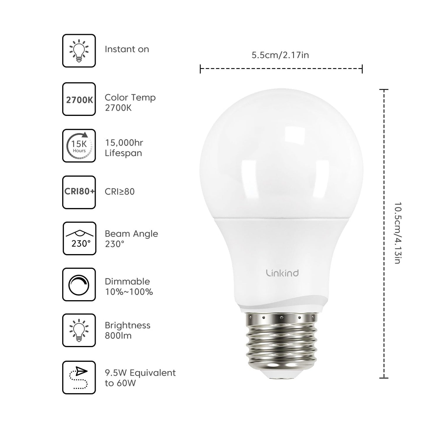 Linkind Dimmable A19 LED Light Bulbs, 60W Equivalent, 9.5W, 800 Lumens, Soft White, Pack of 24, Plastic, E26 Base